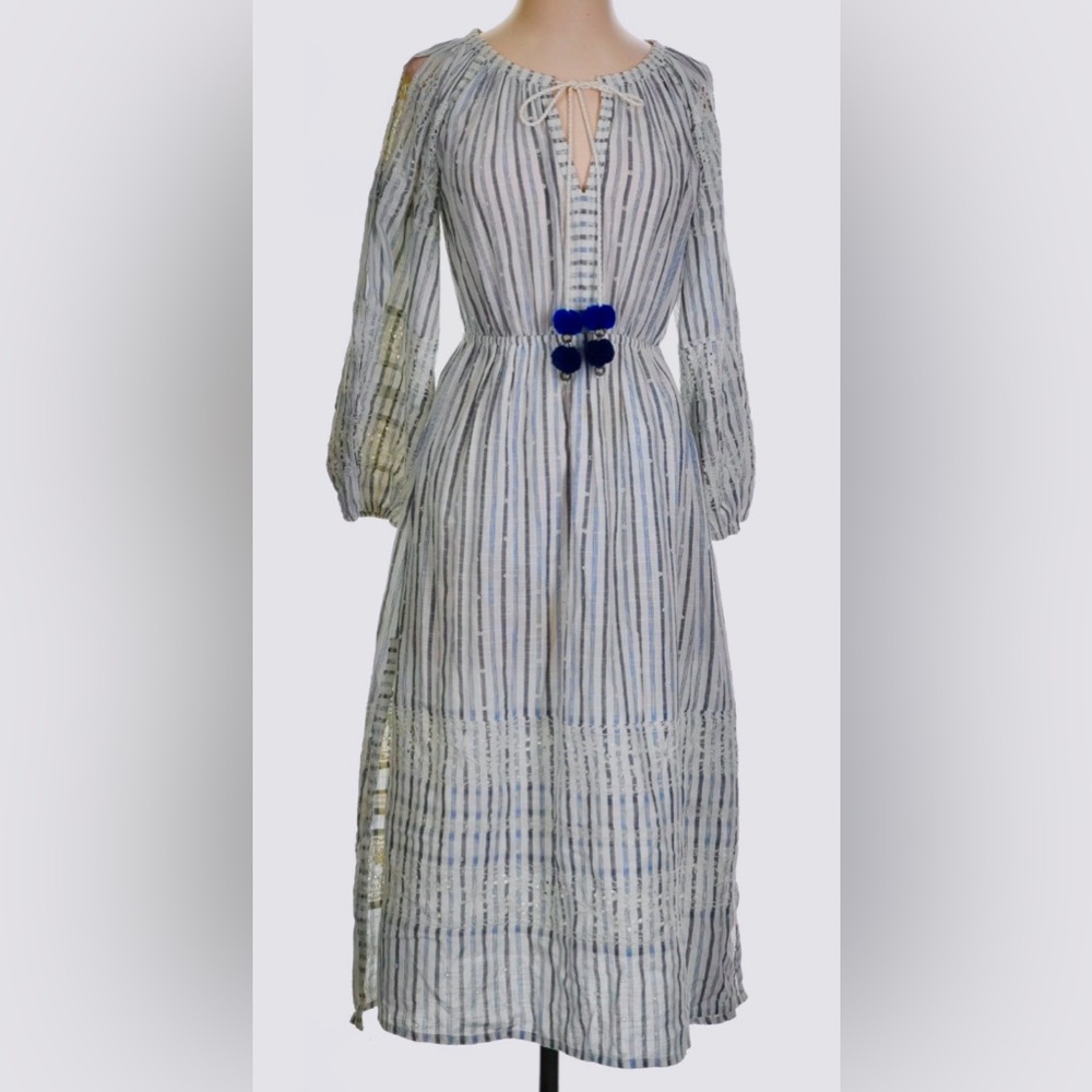LoveShackFancy Isla Midi Dress White & Blue Striped Cotton w/ Embroidery size XS